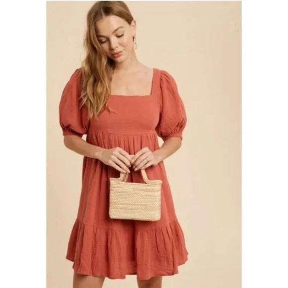 SOLD OUT Burnt Coral Gauze Boho Ruffle Babydoll Dress - Picture 3 of 7